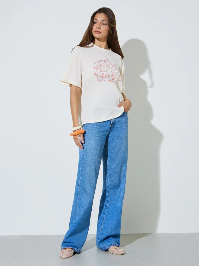 Styli Styli Cream Graphic Crew Neck T-Shirt