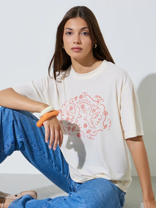 Styli Styli Cream Graphic Crew Neck T-Shirt