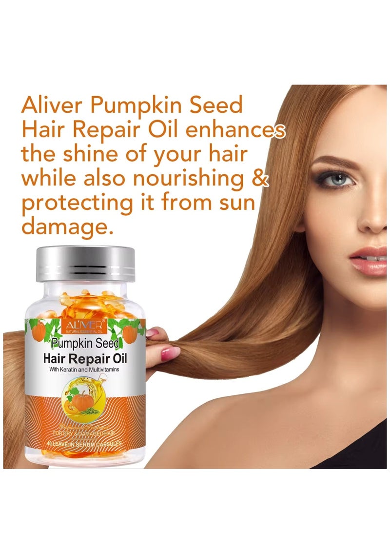 ALIVER - 40 Pcs Pumpkin Seed Hair Repair Oil Capsules Organic Pumpkin Seed Oil with Keratin & Multivitamins Pumpkin Seed Hair Repair Oil Shines Nourishing Repair Dry & Damaged Hair Treatment Leave-In Serum - Image 1