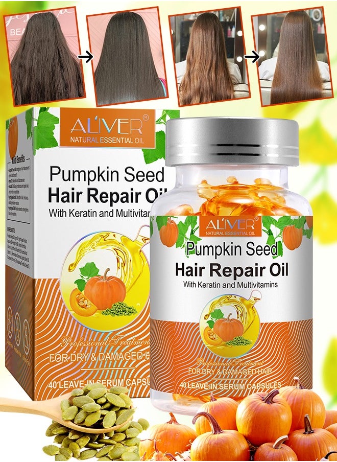 ALIVER - 40 Pcs Pumpkin Seed Hair Repair Oil Capsules Organic Pumpkin Seed Oil with Keratin & Multivitamins Pumpkin Seed Hair Repair Oil Shines Nourishing Repair Dry & Damaged Hair Treatment Leave-In Serum - Image 1