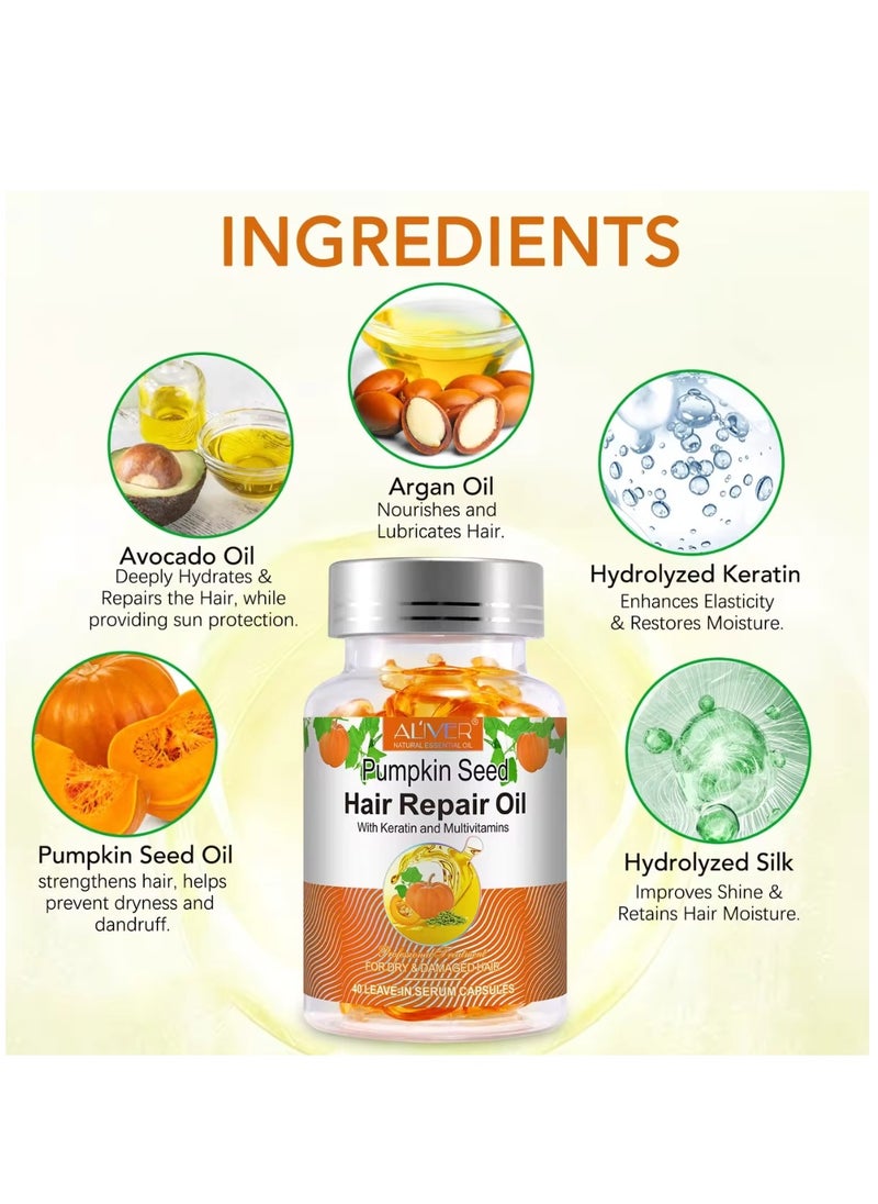 ALIVER - 40 Pcs Pumpkin Seed Hair Repair Oil Capsules Organic Pumpkin Seed Oil with Keratin & Multivitamins Pumpkin Seed Hair Repair Oil Shines Nourishing Repair Dry & Damaged Hair Treatment Leave-In Serum - Image 1