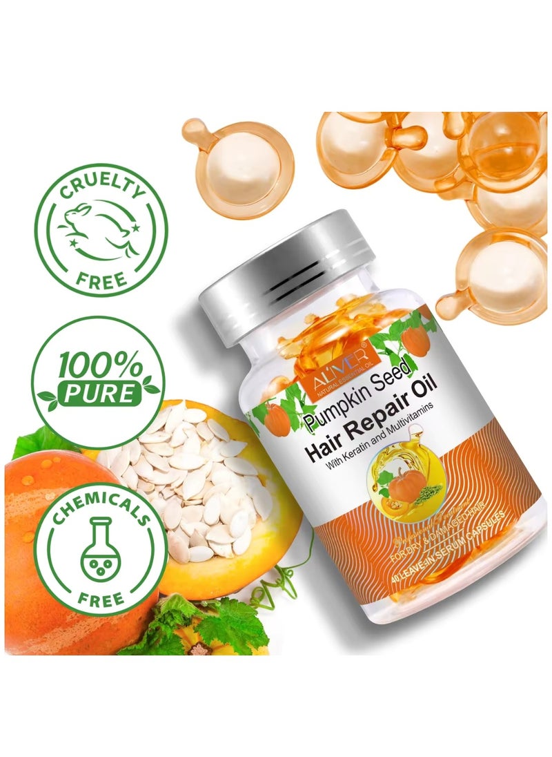 ALIVER - 40 Pcs Pumpkin Seed Hair Repair Oil Capsules Organic Pumpkin Seed Oil with Keratin & Multivitamins Pumpkin Seed Hair Repair Oil Shines Nourishing Repair Dry & Damaged Hair Treatment Leave-In Serum - Image 1