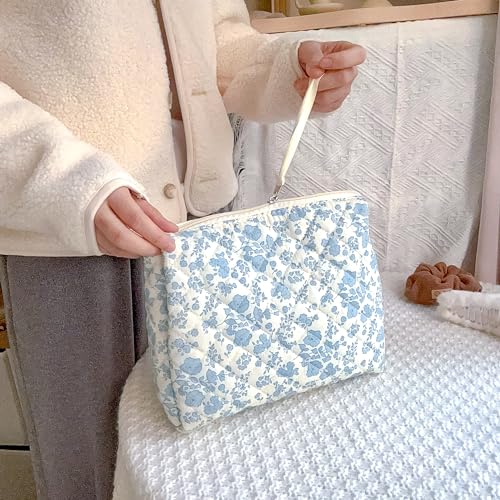 Sminra Large Travel Makeup Bag - Quilted Cotton Cosmetic Organizer with Zipper, Cute Coquette Floral Aesthetic Toiletry Pouch Gift for Women (Blue Floral) - Image 5