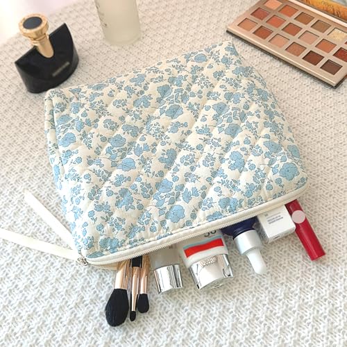Sminra Large Travel Makeup Bag - Quilted Cotton Cosmetic Organizer with Zipper, Cute Coquette Floral Aesthetic Toiletry Pouch Gift for Women (Blue Floral) - Image 3