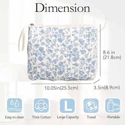 Sminra Large Travel Makeup Bag - Quilted Cotton Cosmetic Organizer with Zipper, Cute Coquette Floral Aesthetic Toiletry Pouch Gift for Women (Blue Floral) - Image 2