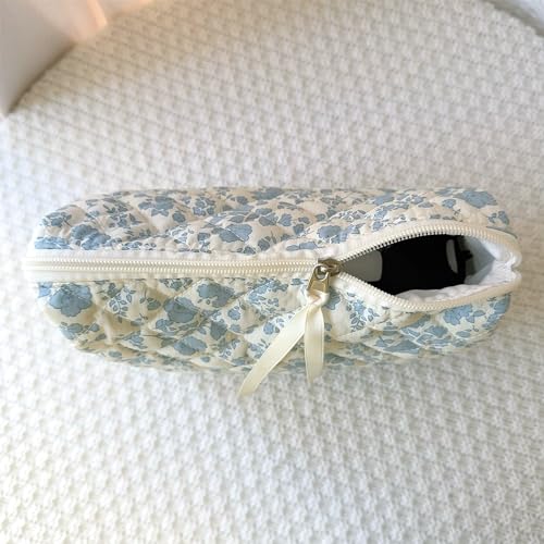 Sminra Large Travel Makeup Bag - Quilted Cotton Cosmetic Organizer with Zipper, Cute Coquette Floral Aesthetic Toiletry Pouch Gift for Women (Blue Floral) - Image 4