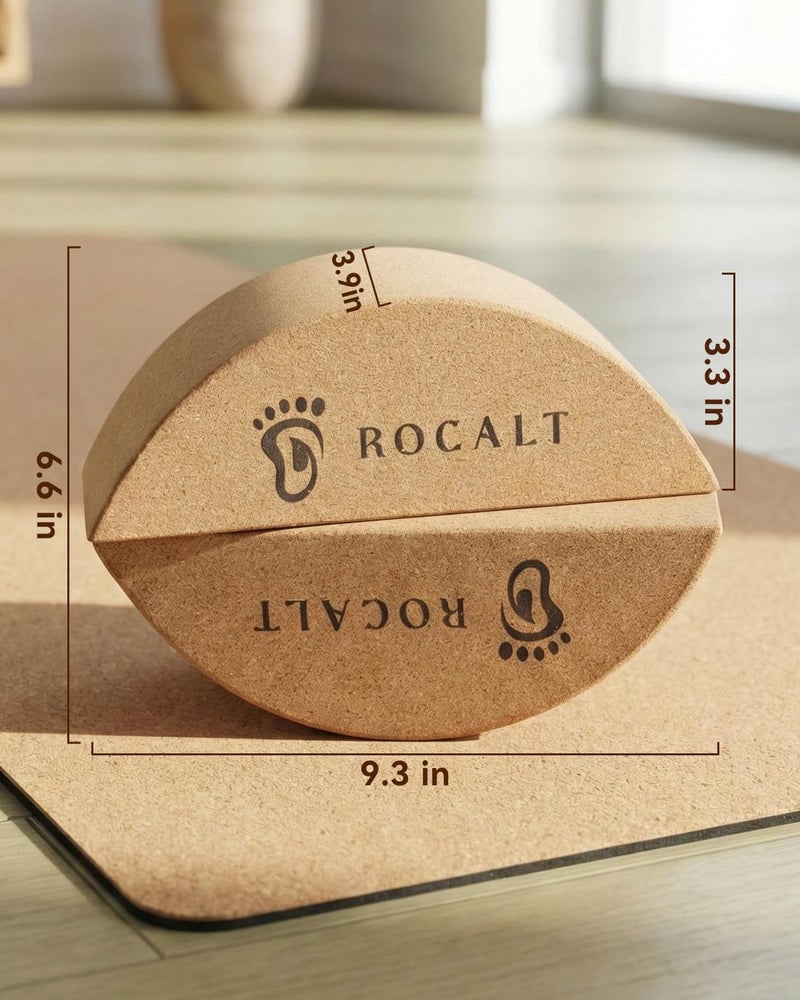 Rocalt 2 Pack Cork Yoga Blocks, Half Moon Yoga Block & Calf Stretching, Cork Foot Stretcher for Plantar Fasciitis Relief, Ankle Stretcher Pilates Block, Improve Balance, Stability & Foot Mobility - Image 2