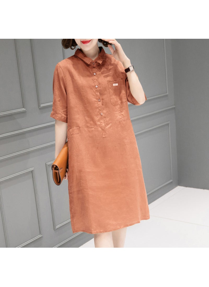 Generic - 2021 Linen Solid Color Midi Dress Womens Summer Loose Cotton Orange - Image 1