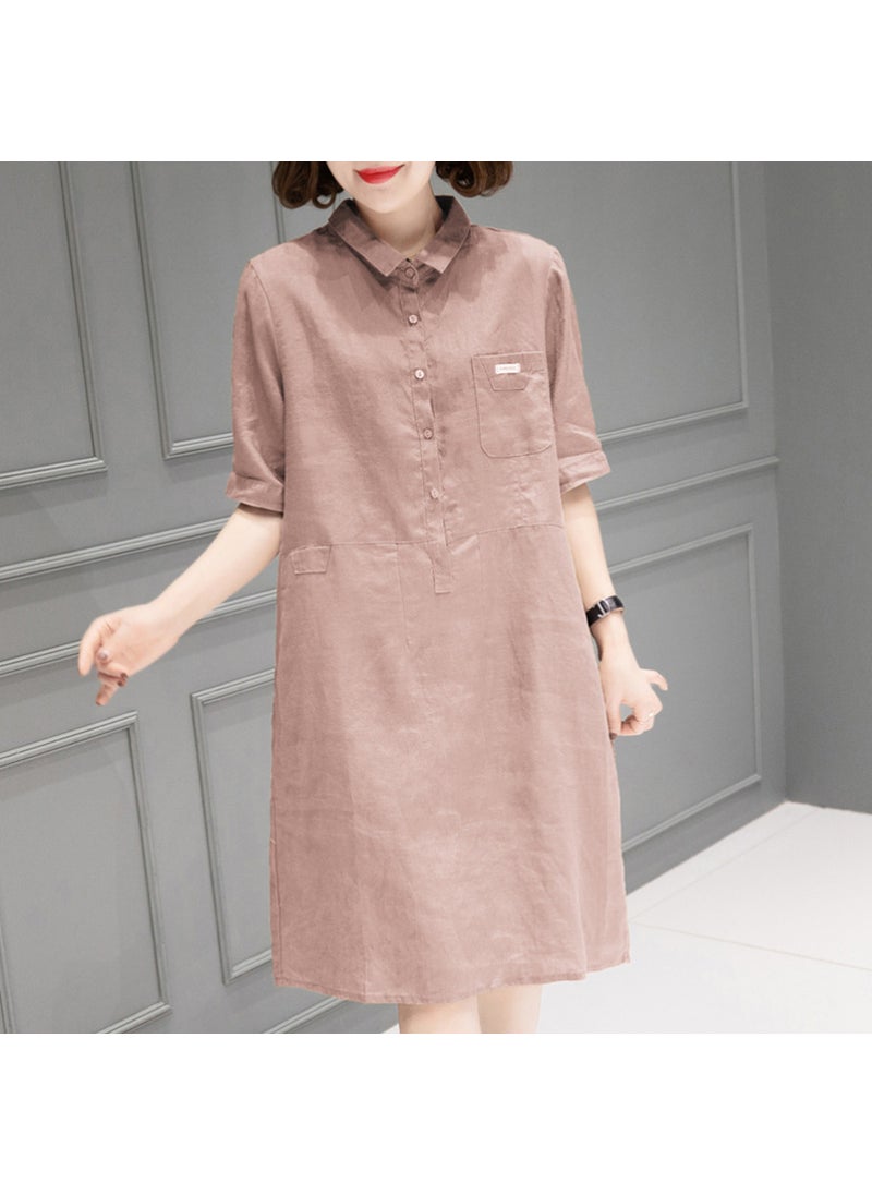 Generic - 2021 Linen Solid Color Midi Dress Womens Summer Loose Cotton Orange - Image 1