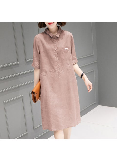 2021 Linen Solid Color Midi Dress Womens Summer Loose Cotton Orange