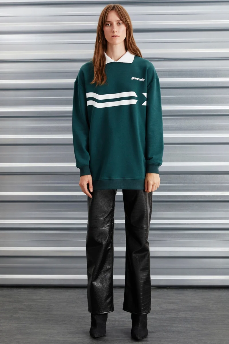 جريميلانج Arlene Relaxedarlene Women's Non-Polarized Polo Neck Piece Print Detail Green Sweatshirt