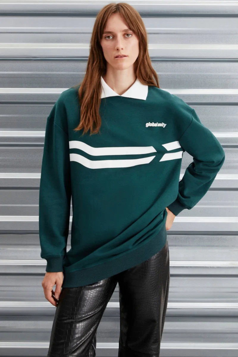 جريميلانج Arlene Relaxedarlene Women's Non-Polarized Polo Neck Piece Print Detail Green Sweatshirt