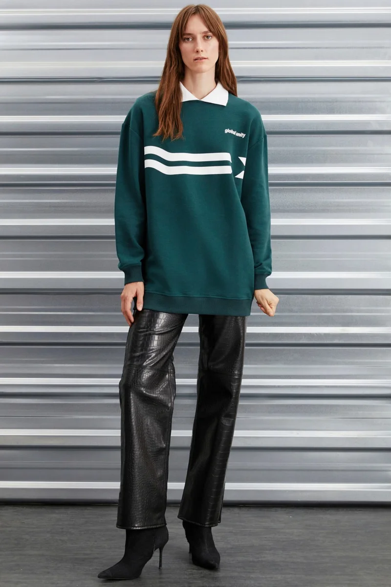جريميلانج Arlene Relaxedarlene Women's Non-Polarized Polo Neck Piece Print Detail Green Sweatshirt