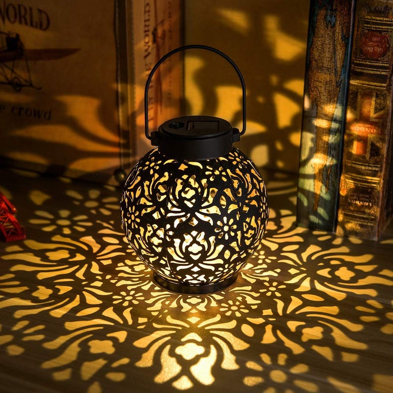EXCMARK 2 Pack Outdoor Solar Hanging Lantern Lights Metal LED Decorative Lamp for Garden Patio Courtyard Lawn and Table with Hollowed-Out Design (Bronze) - Image 1