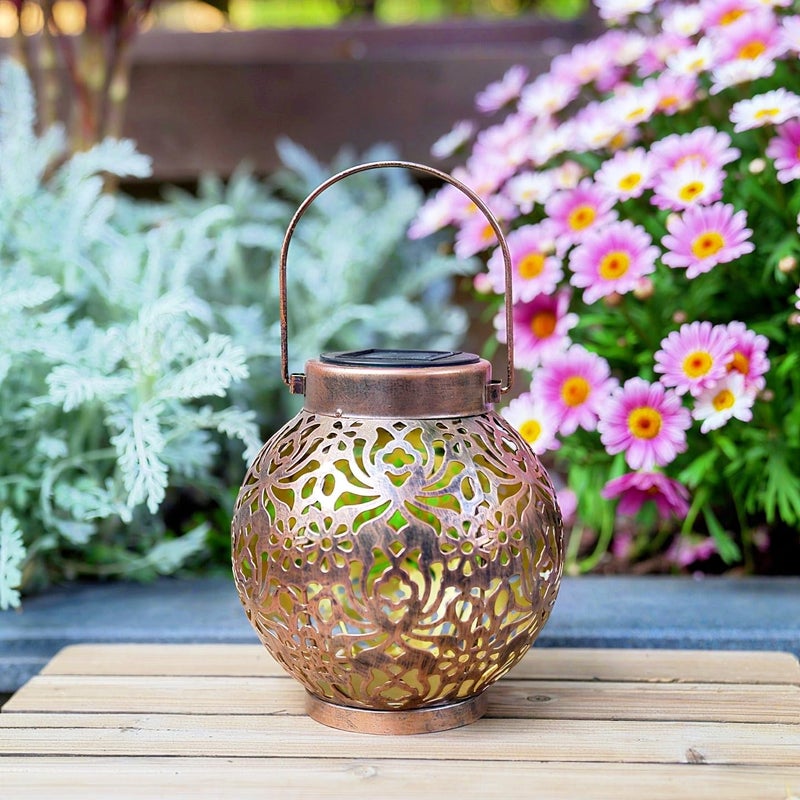 EXCMARK 2 Pack Outdoor Solar Hanging Lantern Lights Metal LED Decorative Lamp for Garden Patio Courtyard Lawn and Table with Hollowed-Out Design (Bronze) - Image 2