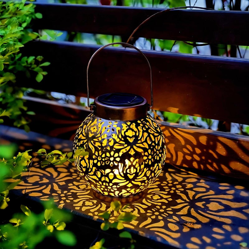 EXCMARK 2 Pack Outdoor Solar Hanging Lantern Lights Metal LED Decorative Lamp for Garden Patio Courtyard Lawn and Table with Hollowed-Out Design (Bronze) - Image 4