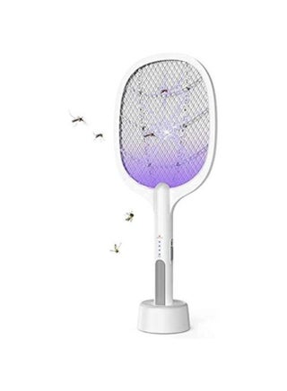 مضرب كهربائي للناموس والحشرات الطائرة قابل للشحن USB مع قاعدة تشغيل وإضاءة LED – مضرب بعوض آمن بشبكة حماية ثلاثية للاستخدام المنزلي والخارجي