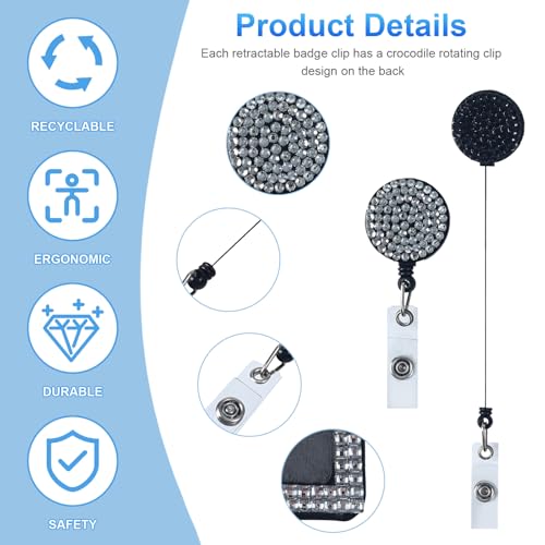 Clofiak 2Pcs Bling Horizontal ID Badge Holder, Retractable Glitter Crystal Neck Lanyard, Rhinestone Name Badges, Portable Work Badges Reel Clip for Office Business Home Black White - Image 3