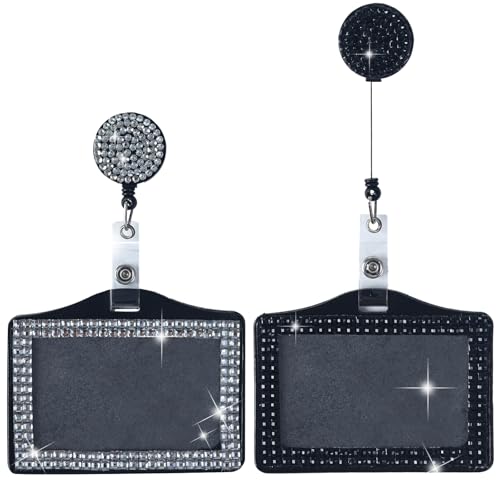 Clofiak 2Pcs Bling Horizontal ID Badge Holder, Retractable Glitter Crystal Neck Lanyard, Rhinestone Name Badges, Portable Work Badges Reel Clip for Office Business Home Black White - Image 1