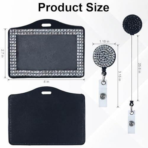 Clofiak 2Pcs Bling Horizontal ID Badge Holder, Retractable Glitter Crystal Neck Lanyard, Rhinestone Name Badges, Portable Work Badges Reel Clip for Office Business Home Black White - Image 2
