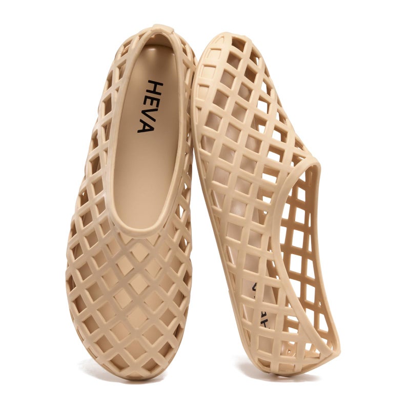 HEVA Jelly Mesh Flats for Womens Closed Toe Beach Slip On Summer Sandals Lightweight Clear Hollow Shoes(6 M US Beige) - Image 1