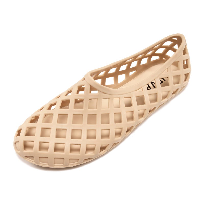 HEVA Jelly Mesh Flats for Womens Closed Toe Beach Slip On Summer Sandals Lightweight Clear Hollow Shoes(6 M US Beige) - Image 4