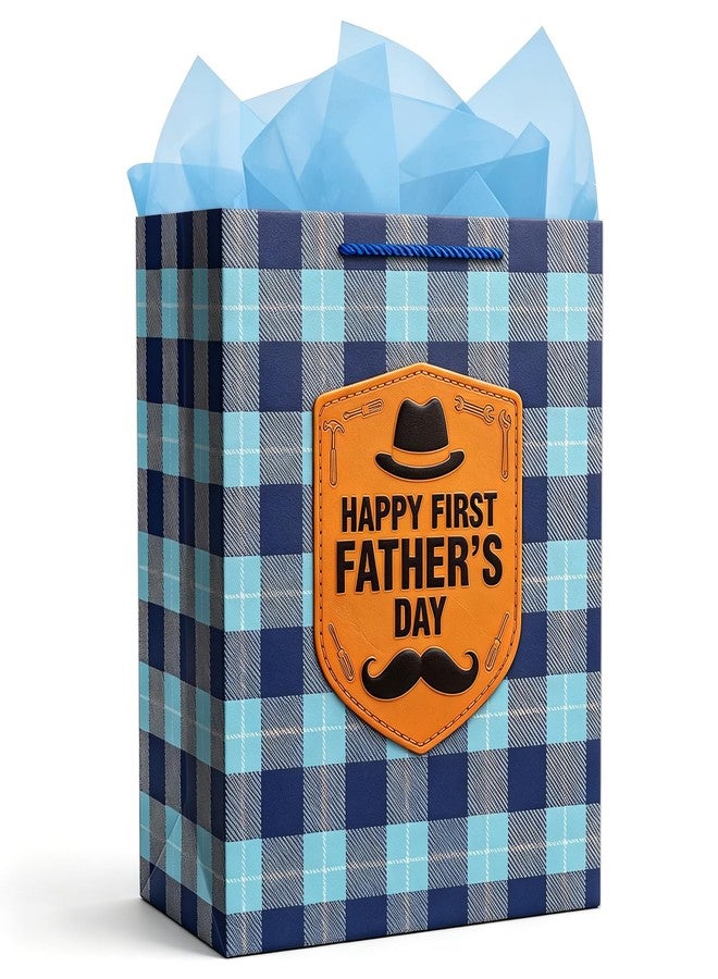 WaaHome First Fathers Day Gift Bag with Tissue Paper - Happy 1st Fathers Day Gift for First Time, Expecting, New Dad from Daughter Son, 11.5'' Large Blue New Dad Wrapping Paper Bag with Handle - Image 1