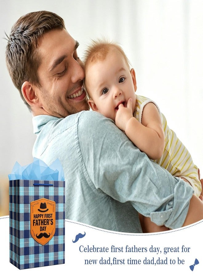 WaaHome First Fathers Day Gift Bag with Tissue Paper - Happy 1st Fathers Day Gift for First Time, Expecting, New Dad from Daughter Son, 11.5'' Large Blue New Dad Wrapping Paper Bag with Handle - Image 4