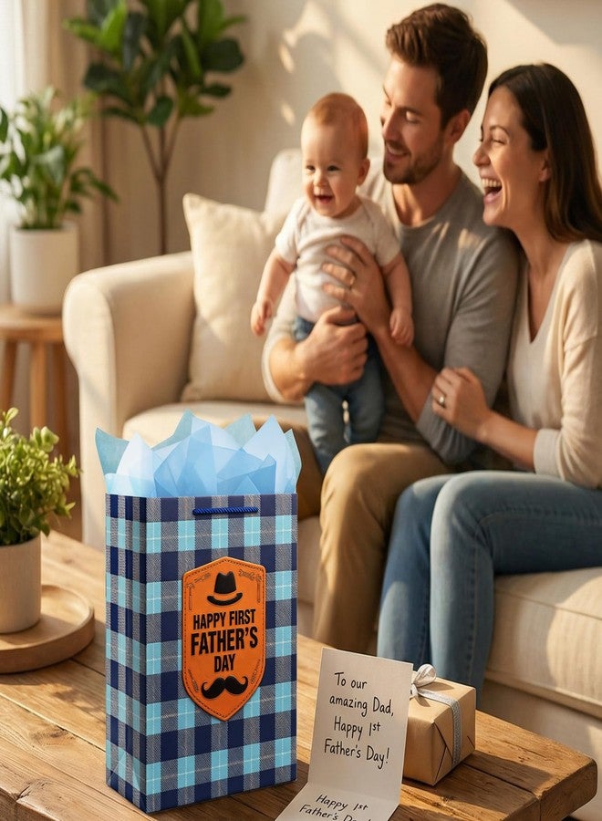 WaaHome First Fathers Day Gift Bag with Tissue Paper - Happy 1st Fathers Day Gift for First Time, Expecting, New Dad from Daughter Son, 11.5'' Large Blue New Dad Wrapping Paper Bag with Handle - Image 2