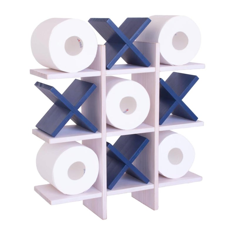 DAOYOUSKY Tic Tac Toe Toilet Paper Holder Stand with 4pcs Wooden X, Farmhouse Rustic Wall Mounted Funny Toilet Papers Storage Organizer with Shelf, Guest Bathroom Decor, White and Blue - Image 1