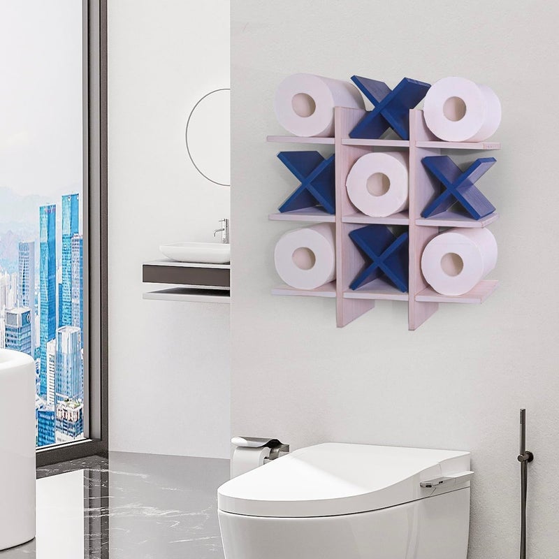 DAOYOUSKY Tic Tac Toe Toilet Paper Holder Stand with 4pcs Wooden X, Farmhouse Rustic Wall Mounted Funny Toilet Papers Storage Organizer with Shelf, Guest Bathroom Decor, White and Blue - Image 2
