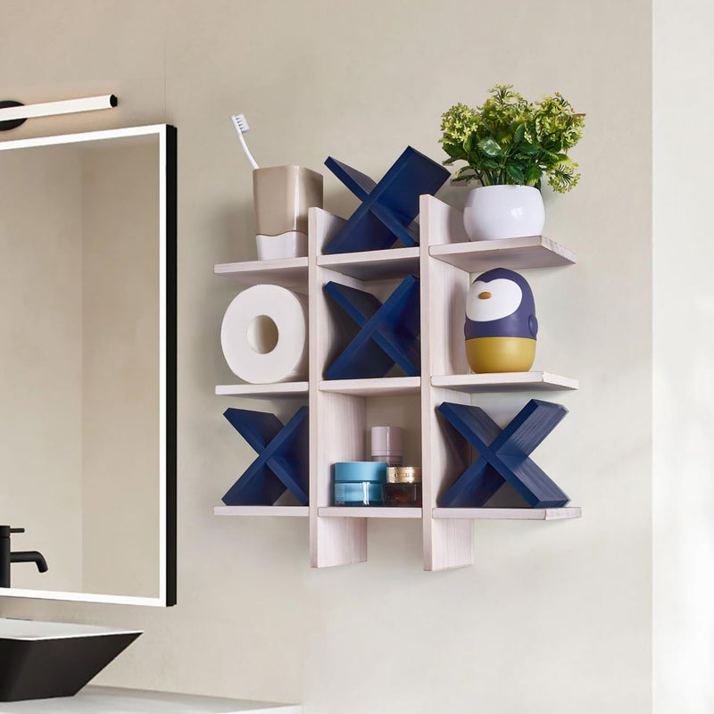 DAOYOUSKY Tic Tac Toe Toilet Paper Holder Stand with 4pcs Wooden X, Farmhouse Rustic Wall Mounted Funny Toilet Papers Storage Organizer with Shelf, Guest Bathroom Decor, White and Blue - Image 4