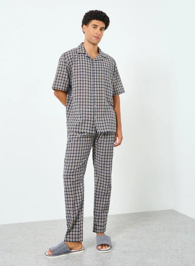 Styli Men Checked Cotton Relaxed Shirt and Pyjama Set