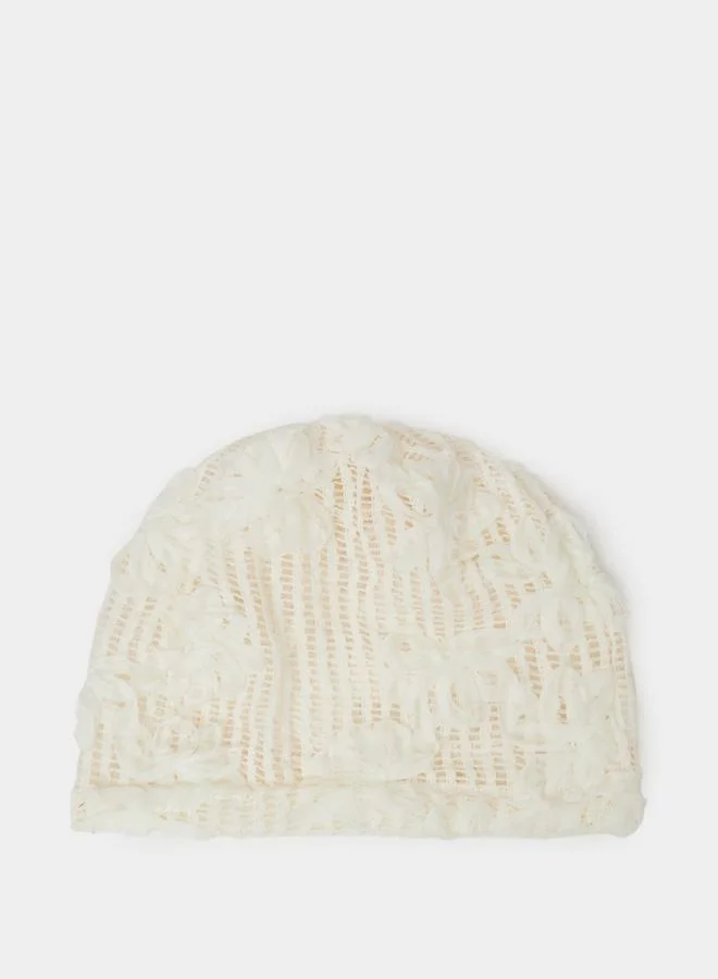 Beige Floral Applique Beanie