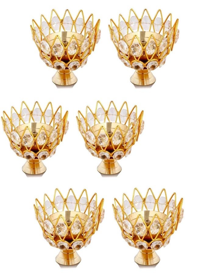 Brass Gallery مجموعة براس جاليري من 6 قطع، وعاء صغير من النحاس، مصباح كريستالي دائري الشكل، مصباح زيتي كمال ديب أخاند جيوتي لتزيين المنزل والمعبد والطقوس الدينية (حجم صغير) - Image 1