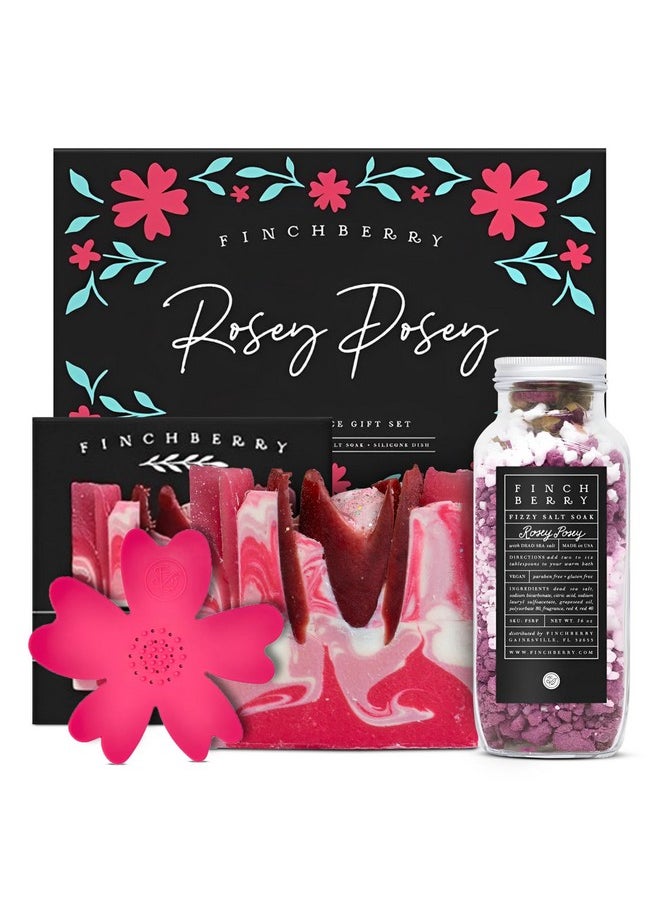 FinchBerry FinchBerry Rosey Posey Gift Set - Ideal Gifts Romantic Occasions, Anniversaries, Birthdays, Women’s Day, Housewarming, or Get Well Soon - Spa Gift Set With Handmade Soap, Fizzy Salt Soak & Soap Dish  - Image 1
