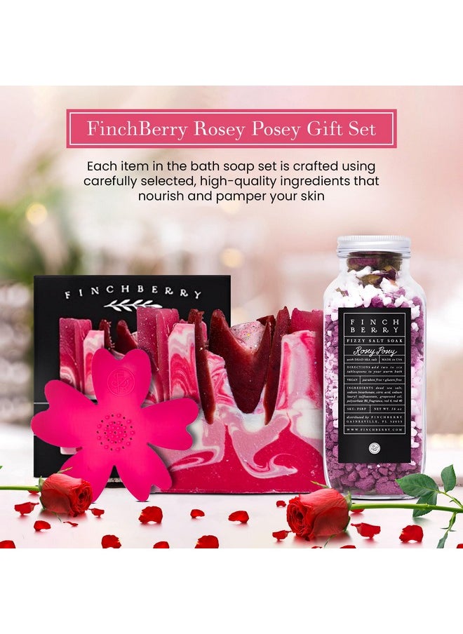 FinchBerry FinchBerry Rosey Posey Gift Set - Ideal Gifts Romantic Occasions, Anniversaries, Birthdays, Women’s Day, Housewarming, or Get Well Soon - Spa Gift Set With Handmade Soap, Fizzy Salt Soak & Soap Dish  - Image 2