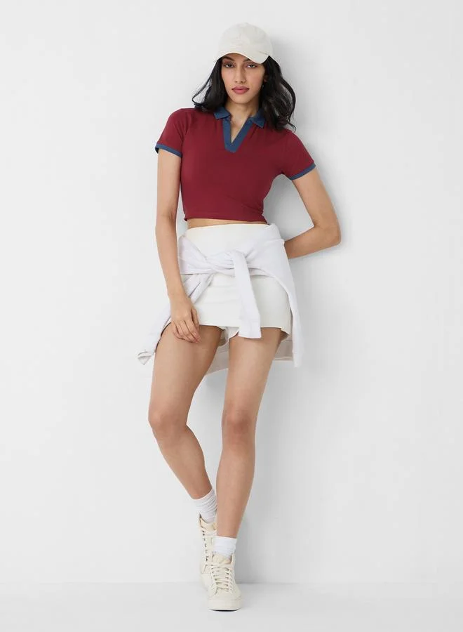 The Souled Store Red Open Collar Crop Polo T-Shirt