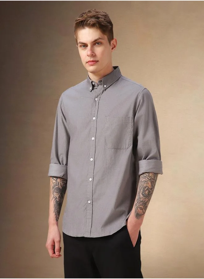 Dennis Lingo Solid Relaxed Fit Spread Collar Shirt with Pocket