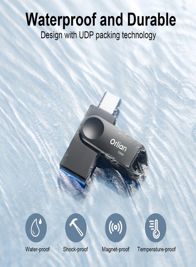 Orlian 128GB USB C Flash Drive, Dual Drive USB 3.0 and Type C Thumb Drive Up to 110MB/s Read Metal Waterproof Swivel Design Portable for PC Laptop Tablet Android Smartphone iPhone 15 and More, Black - Image 2