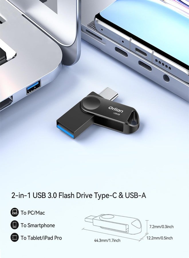 Orlian 128GB USB C Flash Drive, Dual Drive USB 3.0 and Type C Thumb Drive Up to 110MB/s Read Metal Waterproof Swivel Design Portable for PC Laptop Tablet Android Smartphone iPhone 15 and More, Black - Image 3