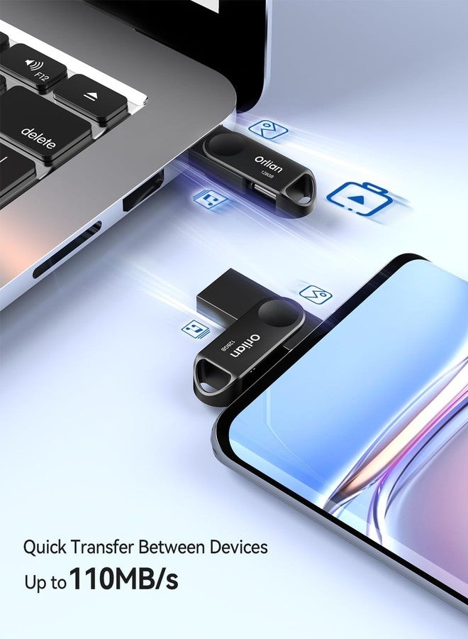 Orlian 128GB USB C Flash Drive, Dual Drive USB 3.0 and Type C Thumb Drive Up to 110MB/s Read Metal Waterproof Swivel Design Portable for PC Laptop Tablet Android Smartphone iPhone 15 and More, Black - Image 4