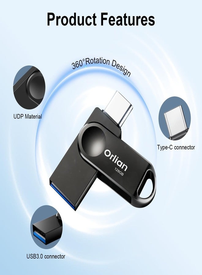 Orlian 128GB USB C Flash Drive, Dual Drive USB 3.0 and Type C Thumb Drive Up to 110MB/s Read Metal Waterproof Swivel Design Portable for PC Laptop Tablet Android Smartphone iPhone 15 and More, Black - Image 5