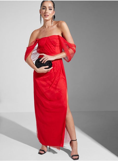 Hadia Ghaleb Off Shoulder Ruched Dress