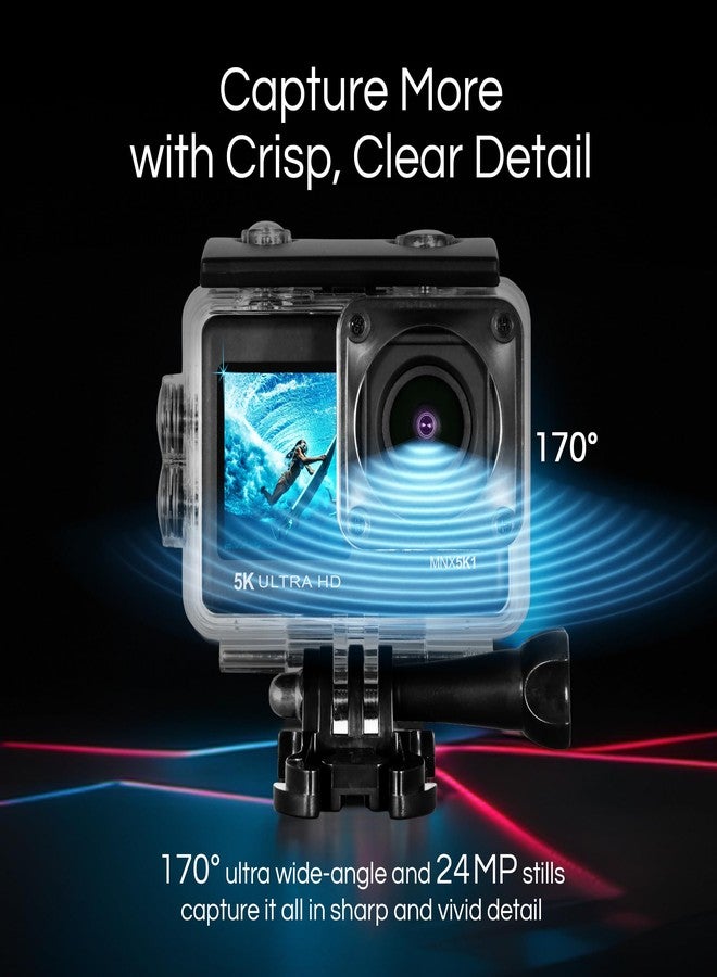 Minolta Action Camera – 5K Ultra HD at 30fps, 24MP Photos, 170° Wide-Angle Lens, Dual LCD Screens, Waterproof Case to 100ft, Wi-Fi Control, Sports Cam Kit (Black) - Image 3
