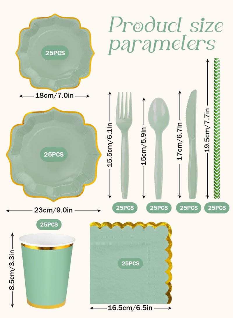 هومار كيت 200 قطعة من الأطباق والمناديل الورقية للاستخدام مرة واحدة، مجموعة أدوات العشاء المكونة من 25 قطعة من لوازم حفلات الضيوف تتضمن أطباق ورقية مضلعة وكوب منديل وقشة بلاستيكية وملعقة وشوكة وسكين للحفلات وحفلات الزفاف وأعياد الميلاد (أخضر) - Image 2
