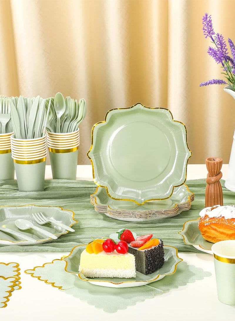 هومار كيت 200 قطعة من الأطباق والمناديل الورقية للاستخدام مرة واحدة، مجموعة أدوات العشاء المكونة من 25 قطعة من لوازم حفلات الضيوف تتضمن أطباق ورقية مضلعة وكوب منديل وقشة بلاستيكية وملعقة وشوكة وسكين للحفلات وحفلات الزفاف وأعياد الميلاد (أخضر) - Image 5