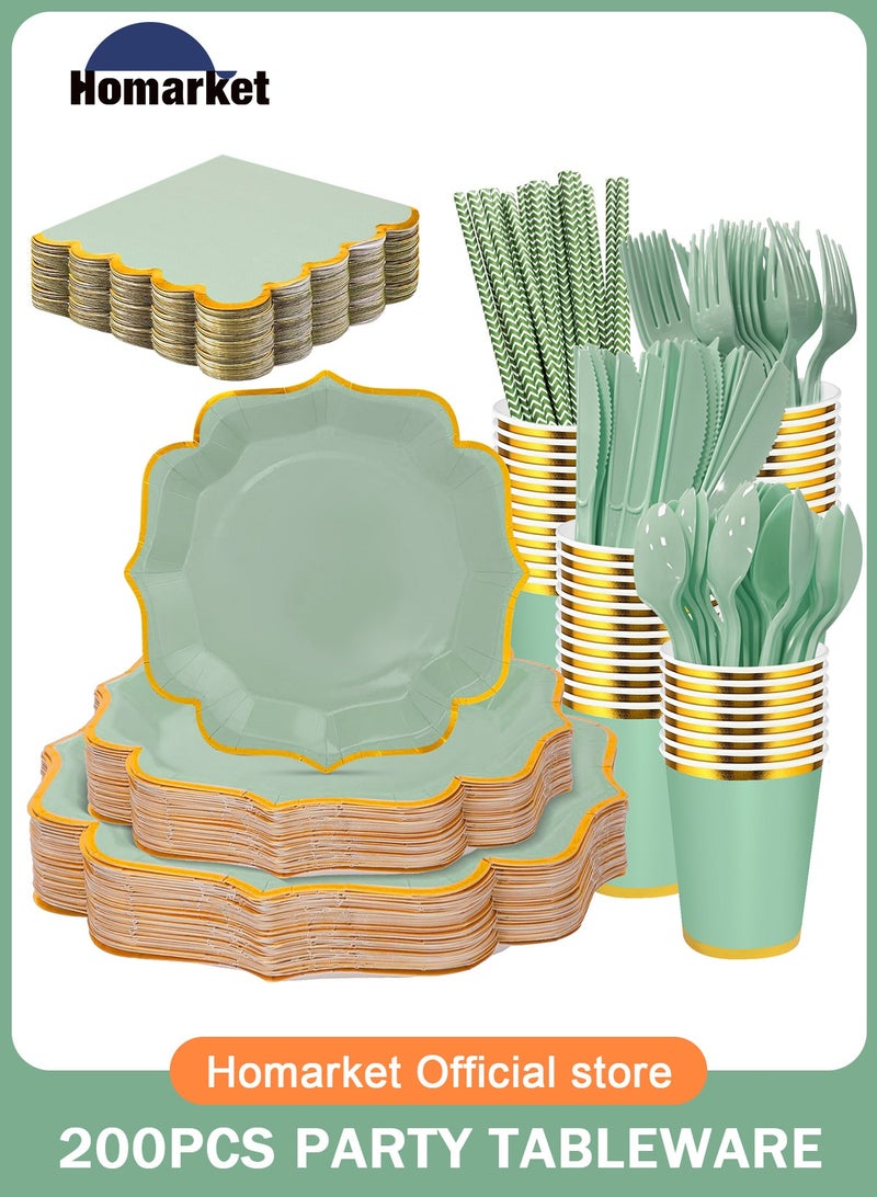 هومار كيت 200 قطعة من الأطباق والمناديل الورقية للاستخدام مرة واحدة، مجموعة أدوات العشاء المكونة من 25 قطعة من لوازم حفلات الضيوف تتضمن أطباق ورقية مضلعة وكوب منديل وقشة بلاستيكية وملعقة وشوكة وسكين للحفلات وحفلات الزفاف وأعياد الميلاد (أخضر) - Image 1