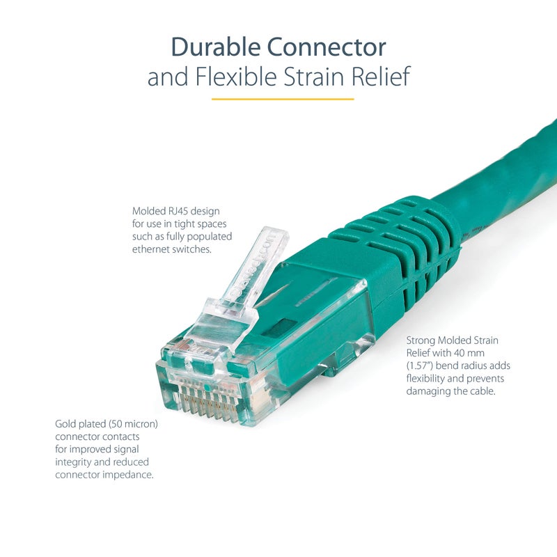 StarTech.com 3ft CAT6 Ethernet Cable - Green CAT 6 Gigabit Ethernet Wire -650MHz 100W PoE++ RJ45 UTP Molded Category 6 Network/Patch Cord w/Strain Relief/Fluke Tested UL/TIA Certified (C6PATCH3GN) - Image 3