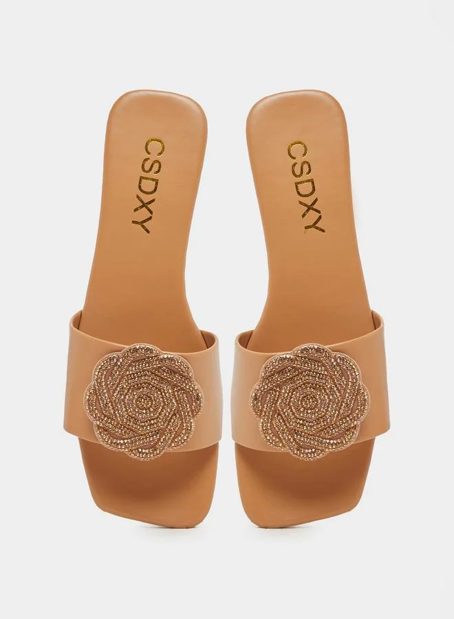 Take Two Embellished Flower Strap Flat Sandals by Styli